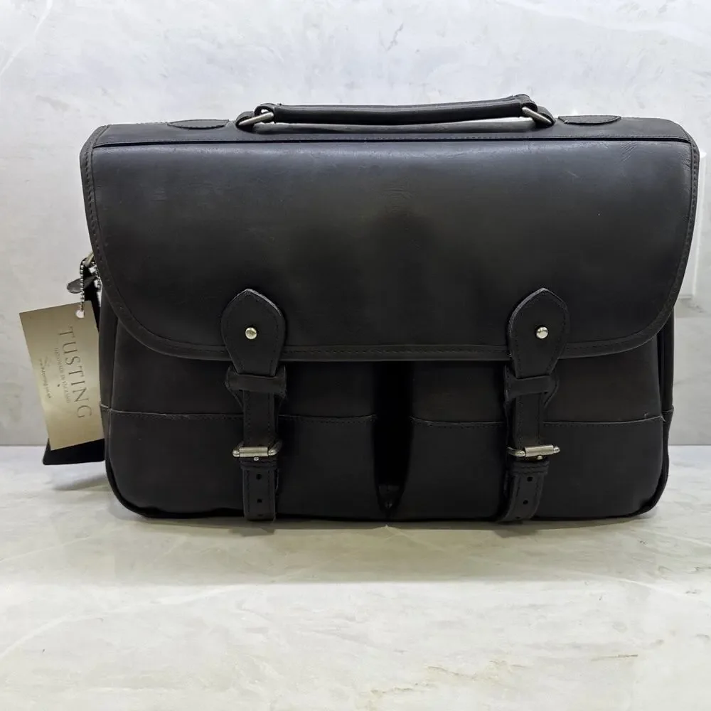 Tusting Clipper Leather Messenger Briefcase Black Bag Handmade In England